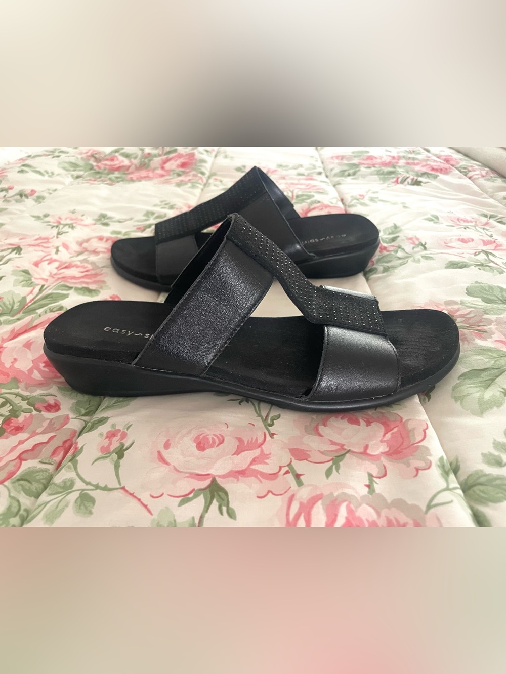 Easy Spirit Slide Sehaddie Black Leather w Rhinestone Wedge Sandals Sz 8 - Picture 4 of 6